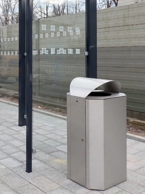 SN-350 large capacity Litter Bin made of stainless steel at a bus stop