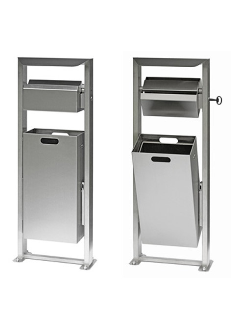 Behälter kann nach Entrieglung zur Entnahme des Beutels nach vorne gekippt und Ascherkasten zur Entleerung gedreht werden