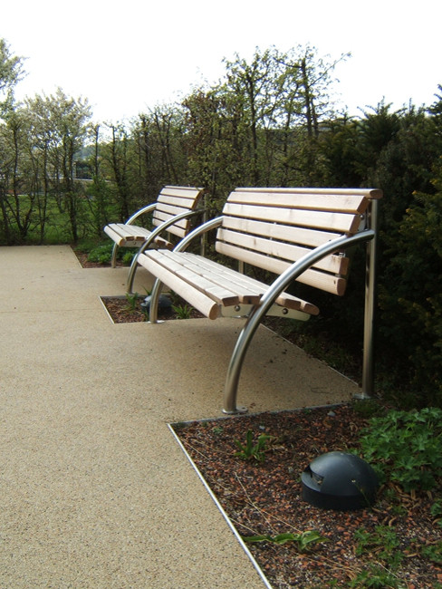 ALLEGRE Bench, metal frame stainless steel polished with solid, untreated FSC wood slats