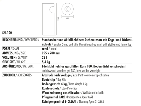 Technische Daten SN-100 Standascher